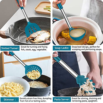 LIANYU 43 Pcs Silicone Kitchen Cooking Utensils with Holder, Heat Resistant Spatula Set with Stainless Steel Handle, Kitchen Cooking Gadgets Tools for Nonstick Cookware Set, Blue - color: Blue