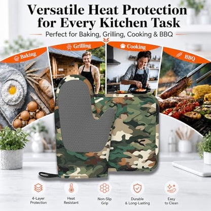 Green Camouflage Oven Mitt and Pot Holder with Silicone Heat Resistant Kitchen for Cooking BBQ Baking Grilling Cooking Protection - color: Green Camouflage