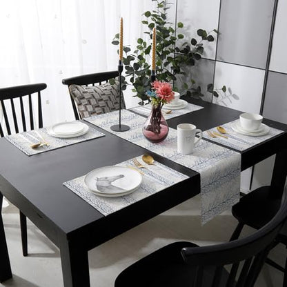 Table Runner and Placemats Set of 6 Tree Branch Decorative Dining Table Runner with Matching Placemats Plant Blue Table Decor for Kitchen Dining Room and Everyday Use 13x70in - size: 13"x70"+6pcs