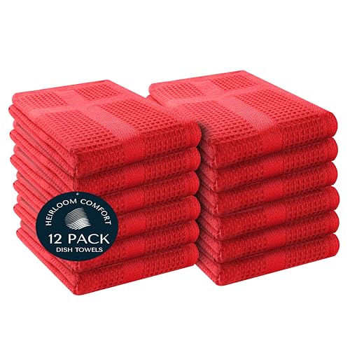 12 Pack Red Waffle Weave Kitchen Towels, 16x26 Inch, 100% Cotton, Absorbent Dishcloth Set, Quick Drying, Durable for Cleaning, Wiping, Drying Dishes, Machine Washable Dish Towel, Red - color: Red, style: 12 Pack