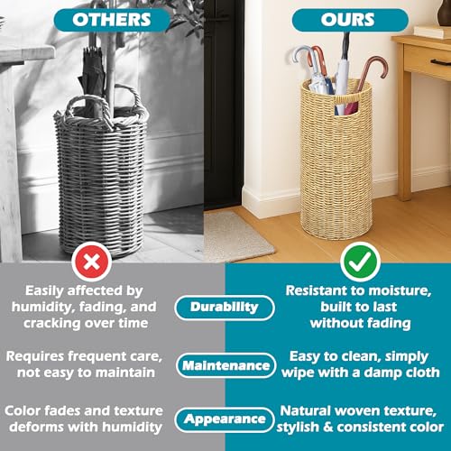 Rattan Umbrella Holder 21" H X 10" D, Handmade Wicker Umbrella Stand Indoor with Dip Tray, Sturdy Umbrella Holders for Entryway, Umbrella Bucket Fits Mudroom,Walking Canes,Home,Office (Oak) - color: Oak