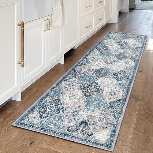 KILOCOCO 2x6 Washable Runner Rug, Nonslip Soft Area Rug for Hallway Kitchen | Moroccan Trellis Spill & Stain Resistant Low Pile Carpet for Entryway Office Laundry Bedroom, Easy Clean - color: Blue/Multi, size: 2' x 6' (Runner)