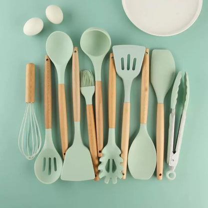 Caboh Silicone Kitchen Utensil Set 12 PCS – Heat Resistant Cooking Tools with Spatula, Serving Spoon, Tongs, Whisk & Holder, Nonstick Safe BPA-Free Kitchen Accessories Set (Light Green) - color: Light Green