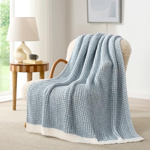 Snuggle Sac Ultra Soft Waffle Throw Blanket for Couch Bed Sofa 50x60 inches, Reversible Blue Cream Blanket Microfiber Fluffy Fuzzy Cozy Knit Soft Throws Birthday Gifts for Women - color: Waffle Blue Cream, size: Throw(50"x60")