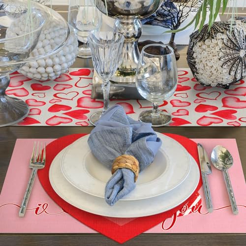 Xuhal 13 Pcs Valentine's Day Heart Boho Placemats and Table Runner Set 6 Sets Table Mats 11.8 x 78.7 Farmhouse Runner for Dining Kitchen(Heart Style) - style: Heart Style