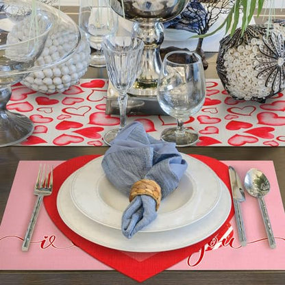 Xuhal 13 Pcs Valentine's Day Heart Boho Placemats and Table Runner Set 6 Sets Table Mats 11.8 x 78.7 Farmhouse Runner for Dining Kitchen(Heart Style) - style: Heart Style