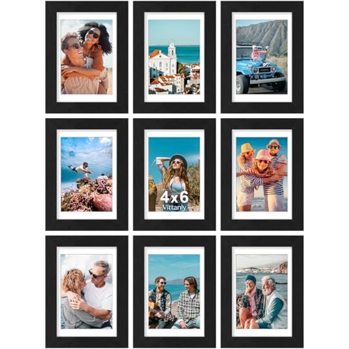 Vittanly 4x6 Picture Frames Set of 9 for Wall or Tabletop Display, Black | Display Pictures 3.5x5 with Mat or 4x6 without Mat, Small Photo Frames, Engineered Wood with Shatter Resistant Plexiglass - color: Black, size: 4x6
