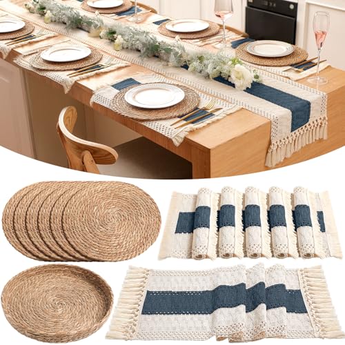 Boho Placemats 4/6/8 Set of Round Woven Placemat Macrame Style Bicolor Stitching Long Table Runner Farmhouse Rustic Natural Burlap Cotton for Kitchen Dining Table(6 Sets,Blue,12x72) - color: Blue, size: 12x72"