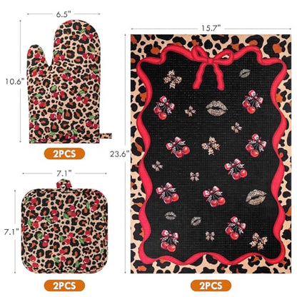 6-Piece Cheetah Cherry Oven Mitts and Pot Holders Set for Cooking | Gloves with Kitchen Towels, Heavy Duty Heat Proof Kitchen Essentials for Cooking, Baking, Grilling