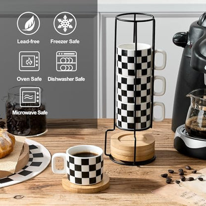LUKA Porcelain Stackable Black and White Checkered Espresso Cups with Saucers and Metal Stand, 4 Ounce Small Ceramic Demitasse Cups Set for Coffee Drinks, Latte, Tea - Set of 4, White Interior - color: 4WG-White & Black