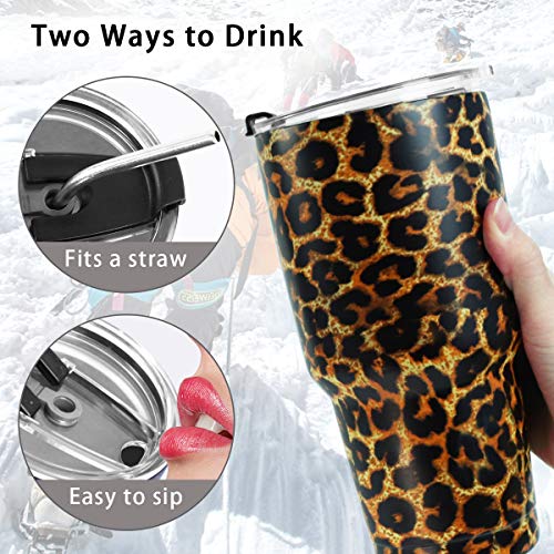 SYACOT 30oz Tumbler Double Wall Stainless Steel Vacuum Insulated Travel Mug with Splash-Proof Lid Metal Straw and Brush - color: Leopard-30oz