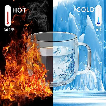 Unbreakable Double Walled Glass Coffee Mugs 10 fl oz, Microwave & Refrigerator Safe, Borosilicate Glass Insulated Coffee Mugs Set of 2 for Espresso, Cappuccino, Latte, Americano, Tea, Beverage - size: 2 count