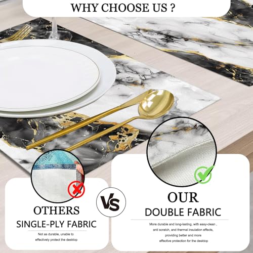 Mcalk Black Marble Table Runner and Placemats Set of 6, Marble Print Placemats, Modern Cloth Place Mats Indoor for Kitchen,Washable Linen Material for Dining Table - color: 02black