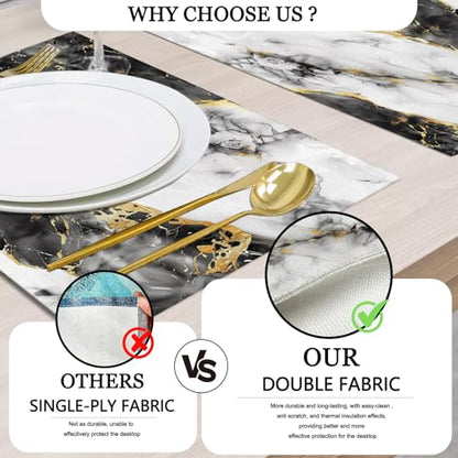Mcalk Black Marble Table Runner and Placemats Set of 6, Marble Print Placemats, Modern Cloth Place Mats Indoor for Kitchen,Washable Linen Material for Dining Table - color: 02black