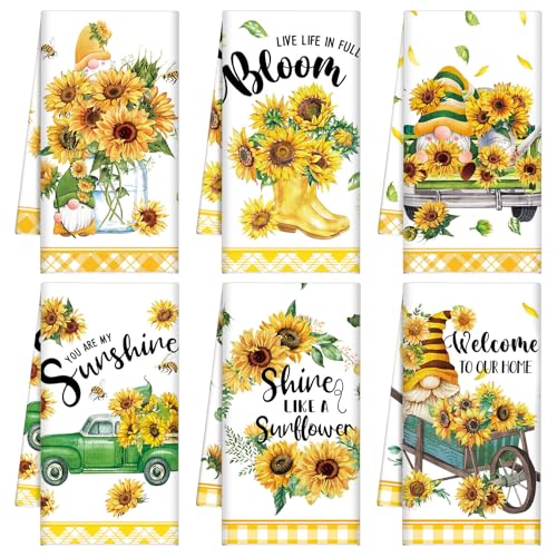Tudomro 6 Pcs Sunflower Kitchen Towels Gnome Dish Sunshine Hand Tea Towel | Seasonal Kitchen Towels, Absorbent Fabric, Soft Kitchen Fingertip Farmhouse Bathroom Tea Towels, Housewarming Gift for Home - color: Sunflower