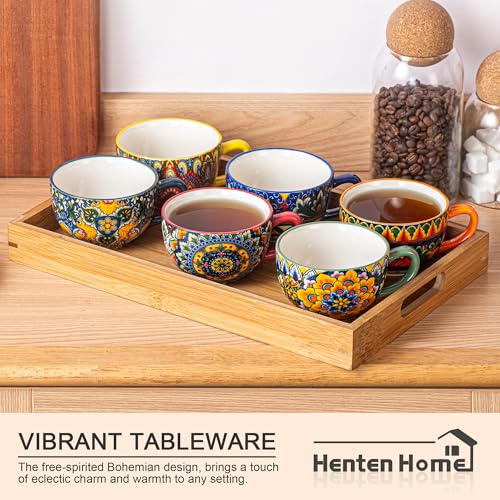 Henten Home Ceramic Tea Cup with Saucers, 8.5 oz Latte Cup Set of 6 | Boho Style Cup for Cappuccino, Coffee, Hot Cocoa, Espresso, Microwave & Dishwasher Safe, Non Toxic