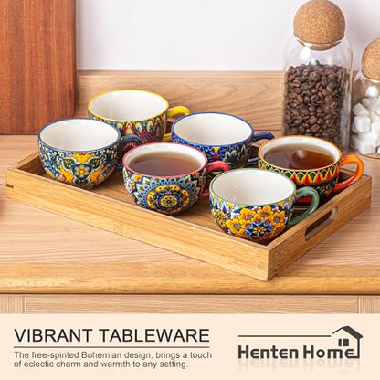 Henten Home Ceramic Tea Cup with Saucers, 8.5 oz Latte Cup Set of 6 | Boho Style Cup for Cappuccino, Coffee, Hot Cocoa, Espresso, Microwave & Dishwasher Safe, Non Toxic