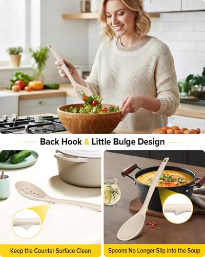 Pack of 4 Silicone Cooking Utensils Set, Non Stick Solid Spatulas and Heat Resistant Slotted Spoons with Back Hooks, Ideal BPA Free Kitchen Utensils Set for Frying,Serving,Turning,Stirring(KHAKI) - color: Khaki