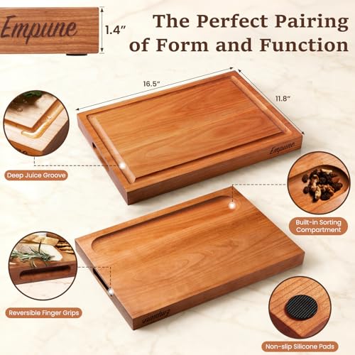 Empune Cherry Wood Cutting Boards for Kitchen Wooden Cutting Board with Handle, Chopping Board with Built-in Juice Groove & Well, Heavy-duty Charcuterie Board Butcher Block, 16.5x11.8x1.4 Inches - color: Cherry Wood