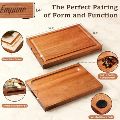 Empune Cherry Wood Cutting Boards for Kitchen Wooden Cutting Board with Handle, Chopping Board with Built-in Juice Groove & Well, Heavy-duty Charcuterie Board Butcher Block, 16.5x11.8x1.4 Inches - color: Cherry Wood