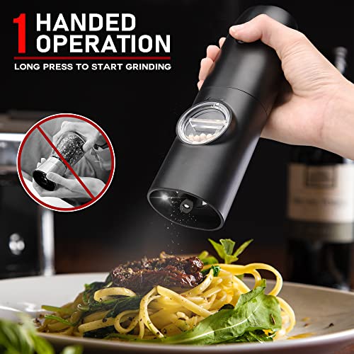 Electric Salt and Pepper Grinder Set of 2, Automatic Pepper Mill,USB Rechargeable, Adjustable Coarseness, One-handed Operation, Ceramic Burr,Refillable, Auto Grinders with Charging Base LED Light