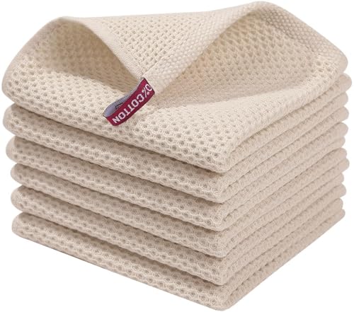 Homaxy 100% Cotton Waffle Weave Kitchen Dish Cloths 6-Pack, Beige | 12 x 12 Inches, Ultra Soft Absorbent Dish Towels, Quick Drying Dish Rags with Hanging Loop - color: Beige, size: 12 X 12 - 6 Pack
