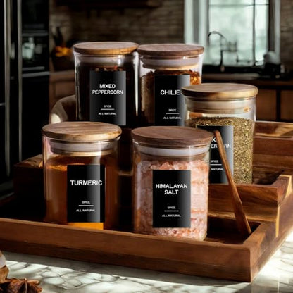 201 Spice Jar Labels - Black Preprinted Minimalist Waterproof Stickers for Kitchen Jars, Herb & Seasoning Labels for Pantry Organization - style: Black Square spice labels