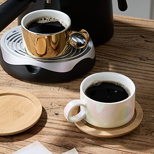 LUKA Porcelain Espresso Cup with Saucers and Metal Stand - 6 Ounce Stackable Ceramic Demitasse Espresso Mugs Cappuccino Cups Set for Latte, Coffee, Cafe Mocha, Tea - Set of 4,Shimmer Golden - color: Shimmer Golden & White