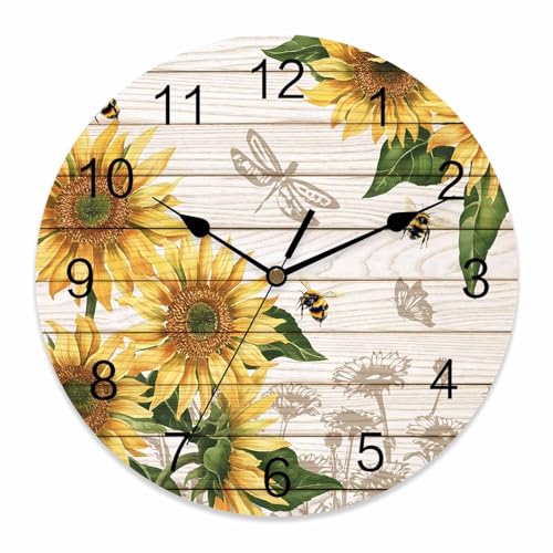 10 Inch Yellow Sunflower Bee Wall Clock, Vintage Yellow Floral Bee Green Plant Wooden Grain Battery Operated Silent Non Ticking Clocks, Easy to Read Round Wall Clock for Living Room/Bedroom/Office - color: Beige, size: 10 Inch