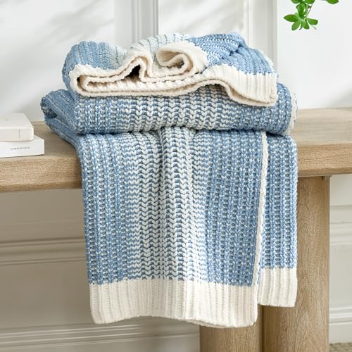 Premium Chenille Throw Blanket, Soft Cozy Luxury Two-Tone Knit Blanket for Couch, Sofa, Chair, Home Decor, Blue & Ivory 50"x60" - color: Two-tone Blue, size: 50" X 60"