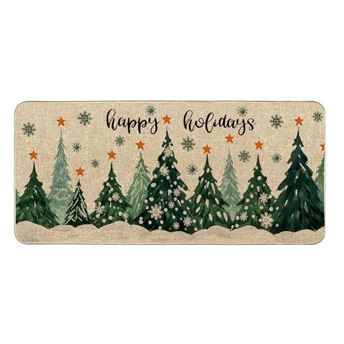 Winter Snow Forest Doormat Happy Holidays Large Low Profile Rug | Christmas Snowflake Welcome 17 x 36 Inch Door mat, Seasonal Non-Slip Front Doormats, Rubber Backing Entry Rugs Decor for Home - size: 1'5" x 3' (Rectangular)