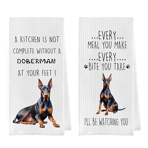 Funny Doberman Dish Towels Set - Decorative Waffle Kitchen Towels, Hand Towels, Tea Towels, Gifts (16x24 Inches, Set of 2) - color: Doberman