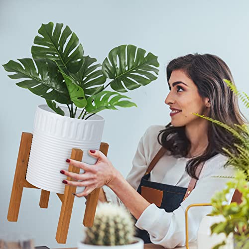 2-Piece White Metal Planter Set with Wood Stand, Indoor Mid Century Modern Planters with Drainage, 8" & 10" | Planter with Drainage Hole, Elevated Wooden Holder, Indoor Home Decor for Snake Plants, Pothos and Large Houseplants