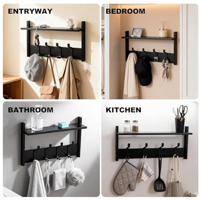 PEKER Coat Rack Wall Mount with Shelf, Solid Wood Entryway Organizer with 4 Metal Hooks, Wall-Mounted Organizer for Entryway, Bathroom, Bedroom & Kitchen, Hanging Rack for Coats, Hats, Bags & Towels