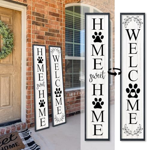 Outdoor Welcome Sign Front Porch Door Decor, 45"X9" Black | Home Sweet Home Sign, Outside Standing Large 2 Sided Dog Paw Design, Farmhouse Modern Wooden Frame, Vertical Leaner - color: Welcome Home Sweet Home (Black), size: 45"X9"