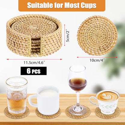 Drink Coasters Set of 6, Handwoven Rattan Coasters with Holder - Coaster for Coffee Table, Boho Cup Coaster for Home Decor Accents-Heat Insulation, 4 Inch(Natural Rattan) - style: Natural Rattan