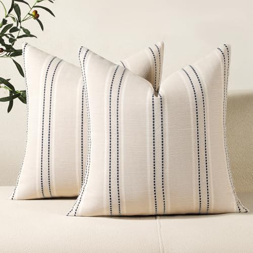 Hckot Throw Pillow Covers 16x16 Set of 2 Striped Pillow Covers Textured Linen Decorative Pillows Square Cushion Covers for Sofa Couch Bed Living Room Farmhouse Decor - color: Navy Blue, size: 16" x 16" (Pack of 2)