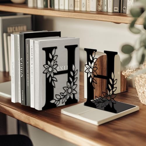 5.3"x4.3"x7.1" Metal Bookends, Heavy Duty Book Ends for Shelves | Letter H with Flowers Theme Cast Iron Book Supports, 1 Pair Decor Stoppers for Desk, Library, Office & Home Shelves - style: Letter H with Flower