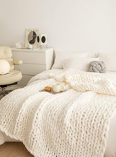 Chunky Knit Blanket Soft Chenille Yarn Knitted Throw Blanket 50"X60" Handmade Cable Warm Thick Giant Blanket for Couch Bed Trips (White, Throw 50"X60")?-¡­ - color: Cream White, size: Throw 50"X60"