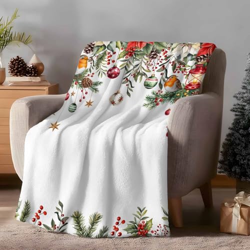 Christmas Throw Blanket, Poinsettia Balls Birds Berries Super Soft Warm Flannel Blankets for Bed Couch Sofa Xmas Winter Botanical Lightweight Fluffy Plush Bed Throws 50x60 Inch - color: White Red, size: 50''x60''