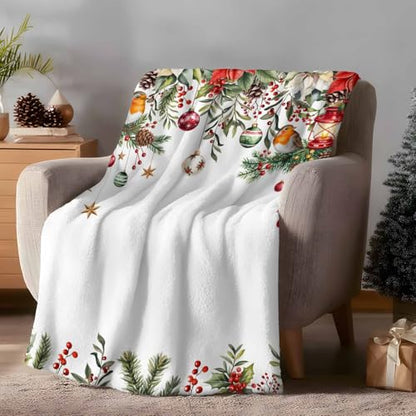 Christmas Throw Blanket, Poinsettia Balls Birds Berries Super Soft Warm Flannel Blankets for Bed Couch Sofa Xmas Winter Botanical Lightweight Fluffy Plush Bed Throws 50x60 Inch - color: White Red, size: 50''x60''