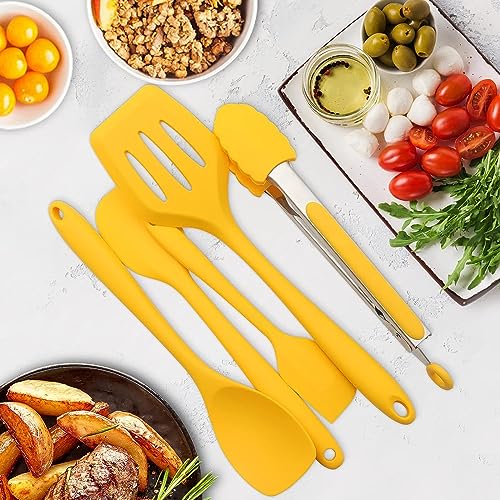 11 Piece Cooking Kitchen Utensils Set, Yellow Cooking Utensils Set, Non-Stick Silicone Spatula Set with Iron Utensils Holder, Silicone Kitchen Gadgets Utensil Set (Yellow)
