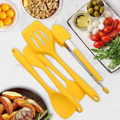 11 Piece Cooking Kitchen Utensils Set, Yellow Cooking Utensils Set, Non-Stick Silicone Spatula Set with Iron Utensils Holder, Silicone Kitchen Gadgets Utensil Set (Yellow)