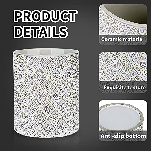 KOOV Kitchen Utensil Holder, Large Utensil Holders for Countertop, 6 x 7 Inches Ceramic Utensil Crock, Deep and Stable, Cooking Utensil Holder, Embossed Pattern, White - color: Reactive White