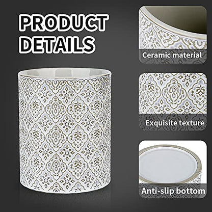 KOOV Kitchen Utensil Holder, Large Utensil Holders for Countertop, 6 x 7 Inches Ceramic Utensil Crock, Deep and Stable, Cooking Utensil Holder, Embossed Pattern, White - color: Reactive White