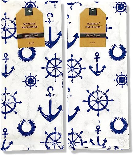 Summer Kitchen Pot Holder Oven Mitt Dish Towel Set: Fun Navy White Nautical Anchor Captains Wheel Design, 5 pc Set (Nautical) - color: Anchor Set