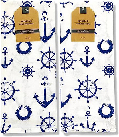 Summer Kitchen Pot Holder Oven Mitt Dish Towel Set: Fun Navy White Nautical Anchor Captains Wheel Design, 5 pc Set (Nautical) - color: Anchor Set
