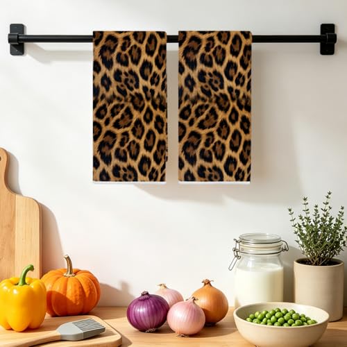 2 Pcs Funny Retro Leopard Kitchen Towels, Cheetah Decor Reuse Hand Towels - color: Multi 1527