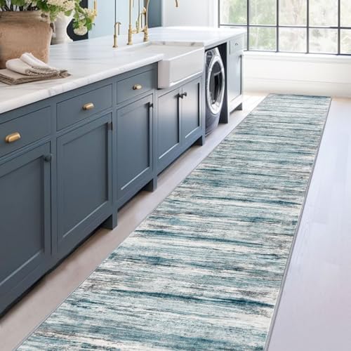 KOZYFLY Modern Abstract Hallway Runner Rug, 2.6x16 Washable Rug Runner Non-Slip Soft Striped Kitchen Runner Rugs, Print Blue Carpet Runner for Stair Entryway Bathroom Laundry Room Foyer - color: Blue, size: 2'8" x 16' (Runner)