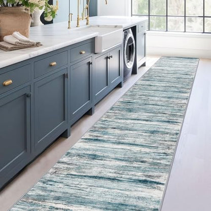 KOZYFLY Modern Abstract Hallway Runner Rug, 2.6x16 Washable Rug Runner Non-Slip Soft Striped Kitchen Runner Rugs, Print Blue Carpet Runner for Stair Entryway Bathroom Laundry Room Foyer - color: Blue, size: 2'8" x 16' (Runner)